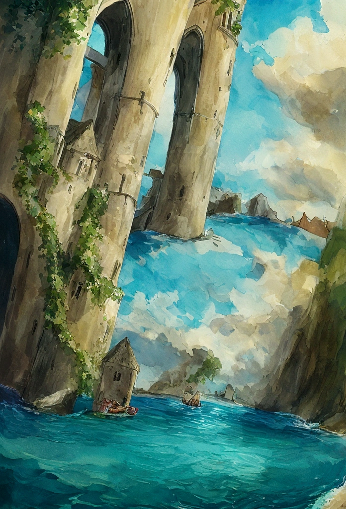 A beautiful beach with a water monster coming out of the sea simple minster