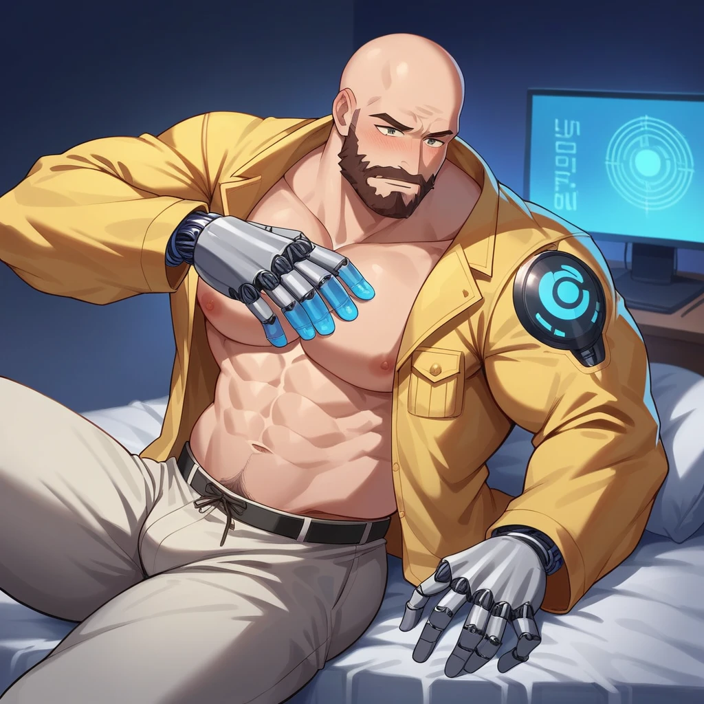 A 30 year old guy, bald man with brown beard, athletic body, wearing yellow jacket with blue neon, oculos de sol, robotic arm implants, connected limbs, in his bedroom, using a computer to hack, sci-fi ambiance, night time, Point of view view