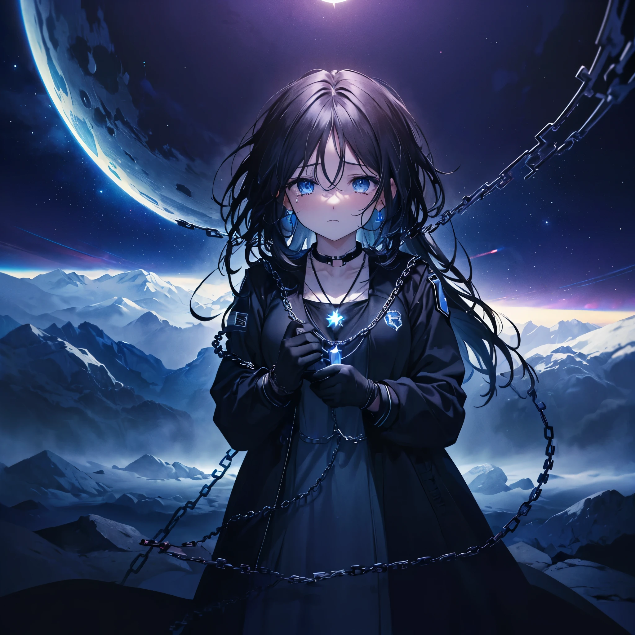 ((High resolution　Black Hair　Long Hair　Dull blue eyes　uniform　Lonely　despair))　((necklace　tears　gloves))　(New York at Night　Distorted Space-Time　star　moon)　Catch the wind　Light