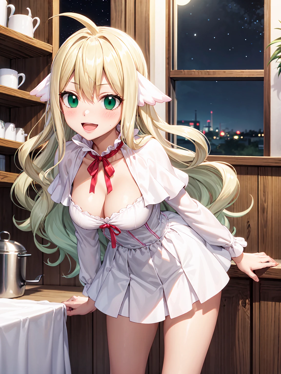 Masterpiece ,best quality , high resolution , (1 girl solo:1.38) , (mavis, long hair, blonde hair, (green eyes:1.5), ahoge, wavy hair) , (cleavage:1.2) , (medium breast:1.28) , (dress, white dress, collar, ribbon, red ribbon, capelet, long sleeves ) , (cleavage:1.15) , (big breast:1.1) , (face view , look at view) , (indoor, in kitchen , night , moonlight , windows ) , (leaning forward:1.3) , (standing , thighs ) , (cowboy_shot) , ( smile , open mouth , full face blush , shy )