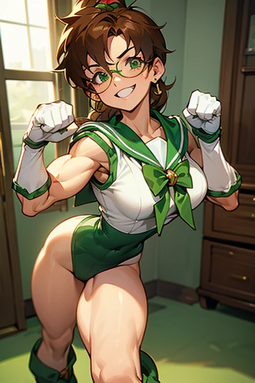 A freckled, muscular mature woman with glasses dressed as Sailor Jupiter is wearing green boots and white gloves in her room, smiling and pumping her fist in the air.