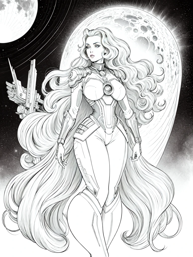 work of art,very sharp image,((American comics style)),((The perfect woman)),((A person)),retro space futurism, beautifull detailed face,high-tech armor jumpsuit, long  curly hair,in deep space, with several planets and suns in the background, Excellent sense,medium breasts,neckleace,colorfully,Body highly detailed,