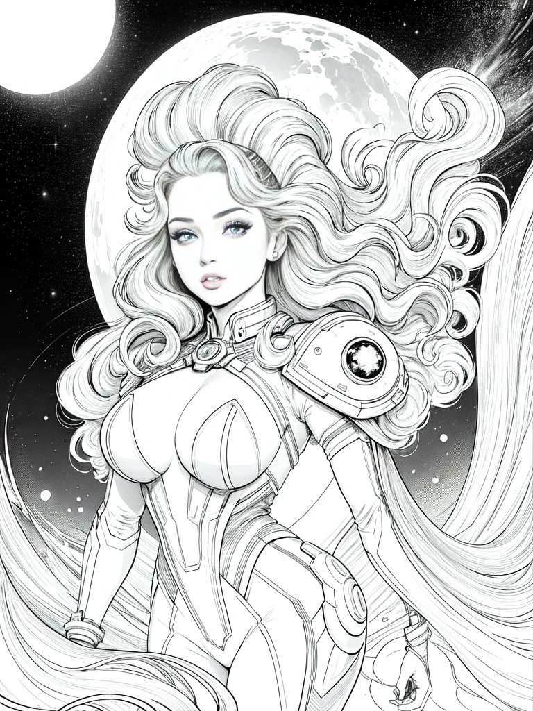 work of art,very sharp image,((American comics style)),((The perfect woman)),((A person)),retro space futurism, beautifull detailed face,high-tech armor jumpsuit, long curly hair,in deep space, with several planets and suns in the background, Excellent sense,medium breasts,neckleace,colorfully,Body highly detailed,
