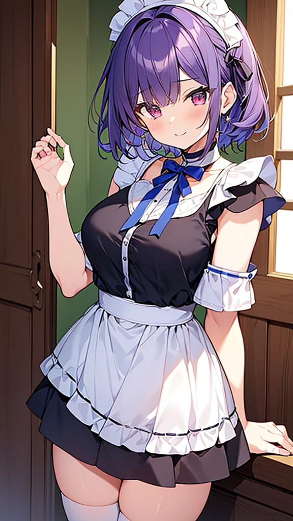 最high quality, high quality, Super detailed, 32k, Ultra-detailed details, {{メイドのサキュバスは妹の顔になってる}}, (Standing, pretty girl, beautiful purple hair, short hair, Beautiful RED eyes, mature, Big Breasts, A light smile, Off-the-shoulder sleeveless Summer かわいい メイド服, Summer casual maid clothes, Short skirt, Blue and white color striped underwear, Black knee socks, loafers, She&#39;s holding 大きく up her skirt with both hands to show her underwear, 18-year-old,cute), A maid who moves her body vigorously without caring if her breasts bounce, Super detailed, indoor, Full body image, ((Head to Toe:1.3)), NSFW