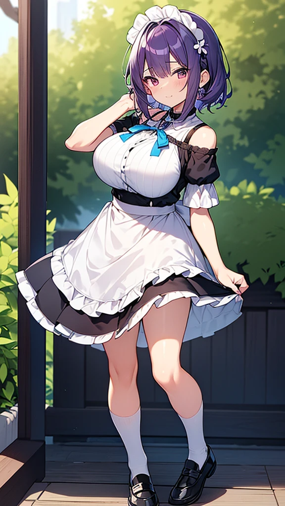 最high quality, high quality, Super detailed, 32k, Ultra-detailed details, {{メイドのサキュバスは妹の顔になってる}}, (Standing, pretty girl, beautiful purple hair, short hair, Beautiful RED eyes, mature, Big Breasts, A light smile, Off-the-shoulder sleeveless Summer かわいい メイド服, Summer casual maid clothes, Short skirt, Blue and white color striped underwear, Black knee socks, loafers, She's holding 大きく up her skirt with both hands to show her underwear, 18-year-old,cute), A maid who moves her body vigorously without caring if her breasts bounce, Super detailed, indoor, Full body image, ((Head to Toe:1.3)), NSFW