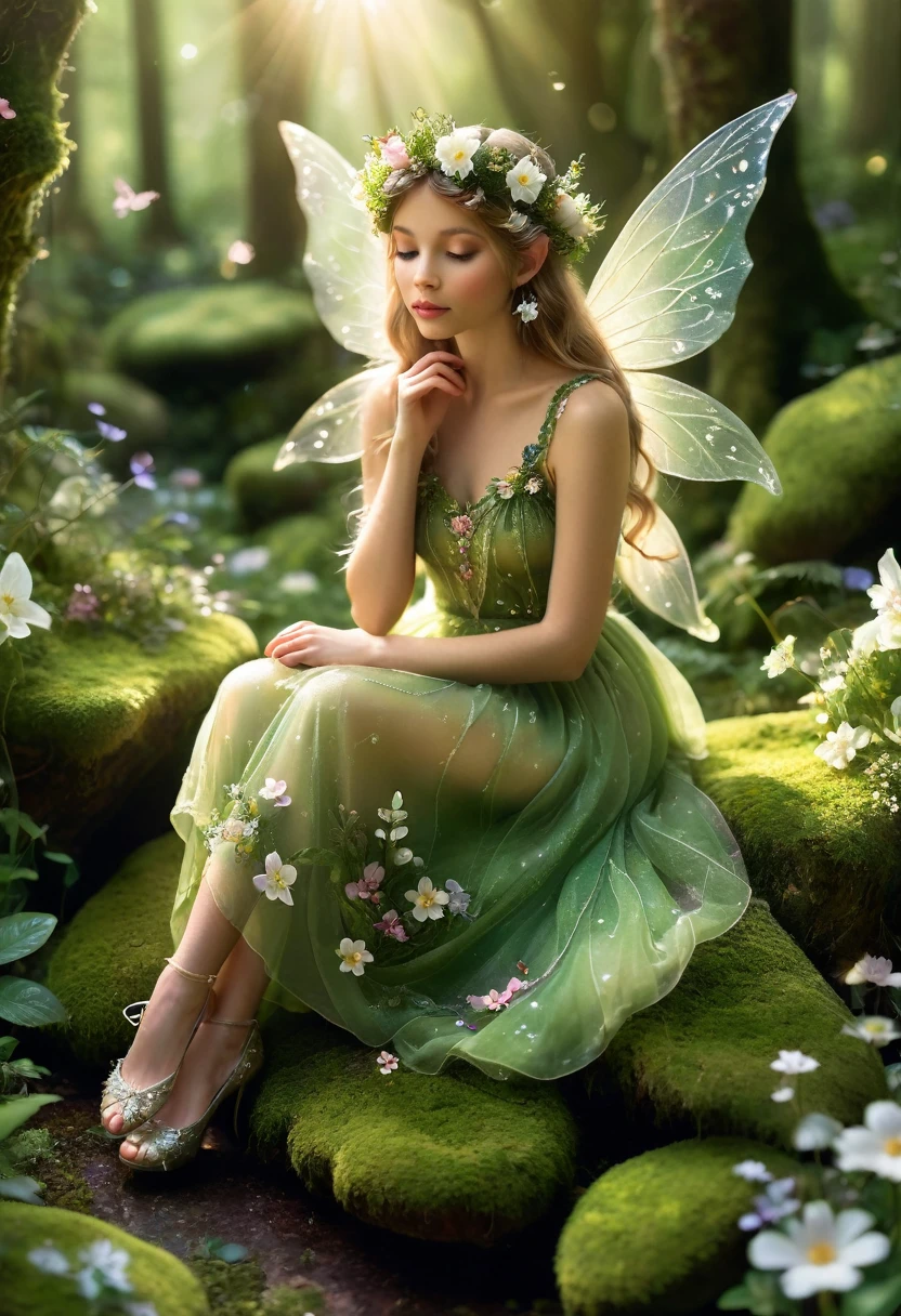"A beautiful fairy with delicate, translucent wings sitting on a moss-covered rock in an enchanted forest. She wears a green dress adorned with flowers, and a floral crown on her head. The fairy is surrounded by lush greenery and white blooming flowers, with soft sunlight filtering through the foliage, creating a magical and serene atmosphere."