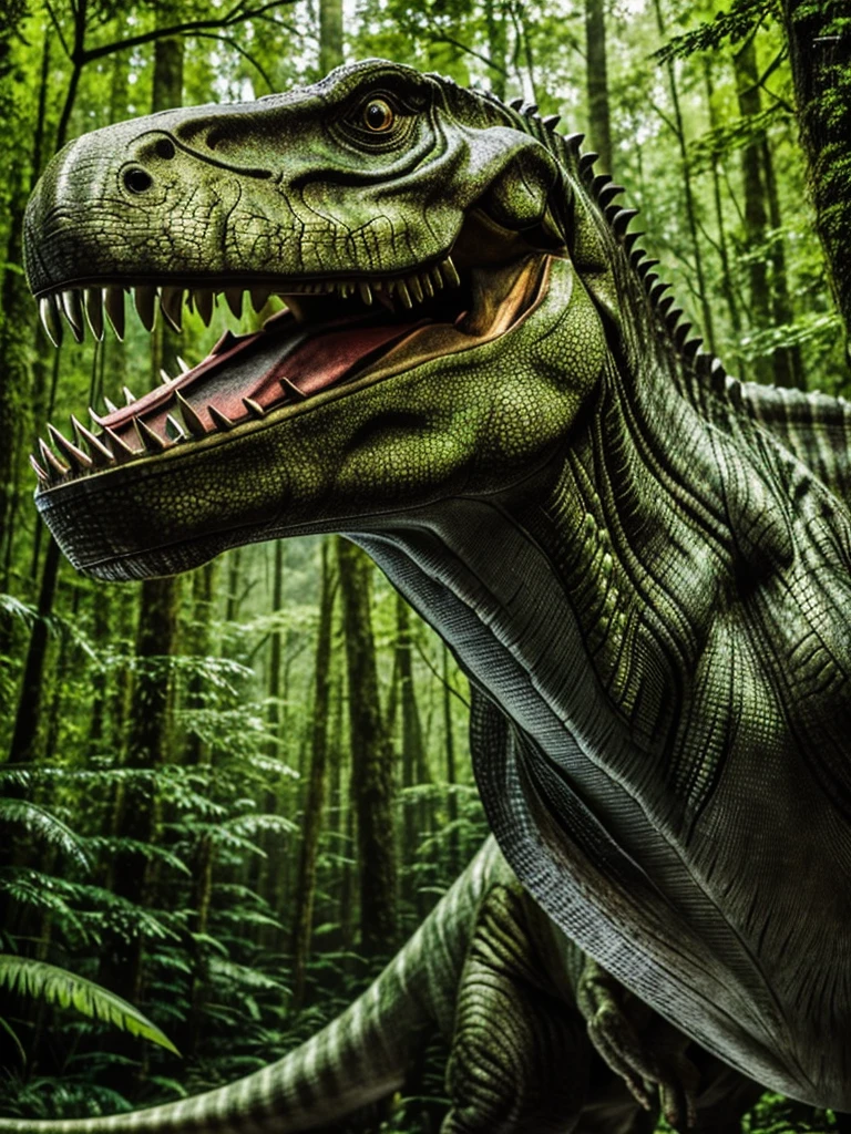 "A close-up, highly detailed image of a Tyrannosaurus rex in a lush, prehistoric forest setting. The dinosaur's skin is textured with scales, and it has a fierce expression with sharp, visible teeth. The background is a blurred green forest to highlight the T. rex's head."