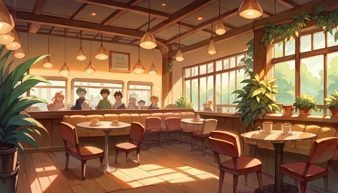 There is a picture of a restaurant with many tables and chairs, cozy Cafe background, Studio Greeble Makoto Shinkai, pleasant Cozy atmosphere, Cafe interior, Makoto Shinkai&#39;s Style, Anime Background Art, ( ( makoto shinkai ) ), makoto shinkai. —h 2160, Cozy atmosphere, Cafe, Sunny atmosphere