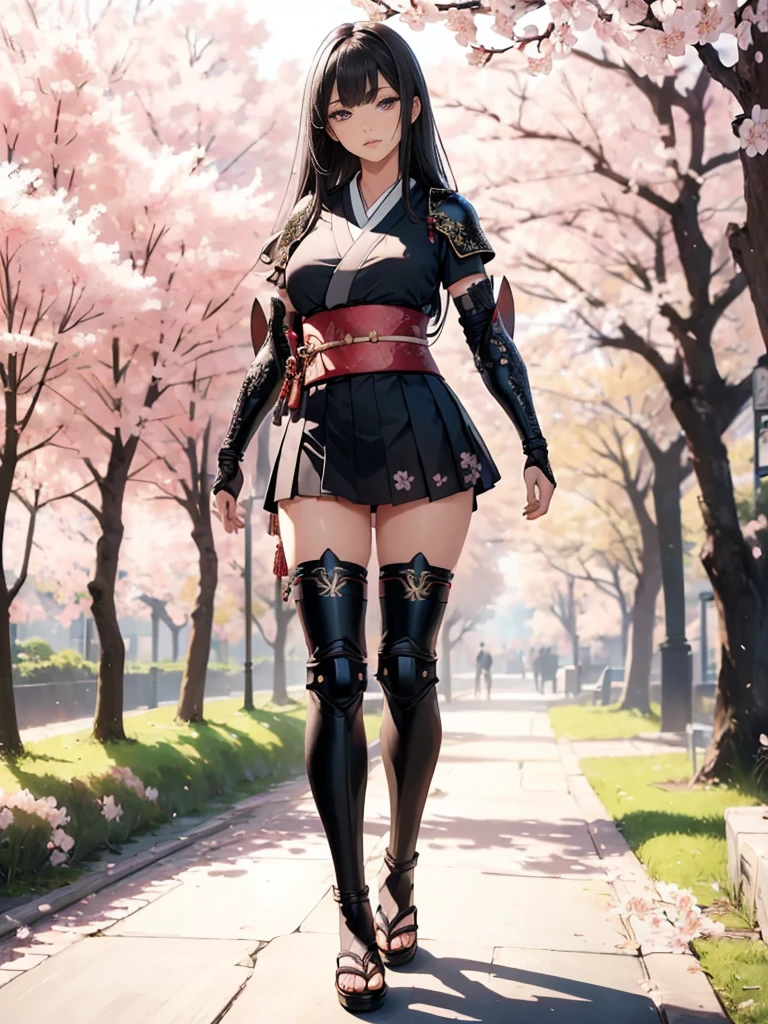 ((1girl, solo)), beautiful body, (perfect anatomy, perfect body, perfect hands, perfect legs), (five fingers:1.5), natural proportions, sexy body, large breasts, cowboy shot BREAK
((extremely detailed face)), (beautiful detailed eyes:1.6), (realistic pupils, realistic iris:1), expressive eyes, looking at viewer, (clear eyes:1.3), (hyperrealistic:1.2), (detailed skin texture:1.2), smooth skin, (black hair:1.5), (red eyes:1.3), long hair, (straight hair:1.5), blunt bangs, (detailed lips:1.2), (attractive lips:1.1), (glossy lips:1.1), (parted lips), perfect face, perfect eyes BREAK
Samurai, japanese clothes, (short kimono:1.5), (arm guard:1.5), ((micro mini skirt)), pleated skirt, black skirt, zettai ryouiki, thighs, black thighhighs, (greaves:1.3), skindentation, tassel, shimenawa BREAK
Outdoors, day, (spring:1.3), (((cherry blossoms))), nature, ((trees)) BREAK
(masterpiece:1.5), anime-style, top quality, best quality, (beautiful and aesthetic:1.2), (ultra detail:1.5), Ultra-detailed depiction, Ultra-precise depiction, extremely detailed 8k illustration, high resolution, (highly detailed shading:1.2), (realistic lighting:1.4), perfect lighting, vibrant colors, dynamic tones, striking hues, 8k, absurd resolution, perfect shadows, hdr, UHD, ambient lighting, realistic, ultra-realistic, photo realistic, highly detailed, rich detail, luminous colors, fine texture, intricate design, professional illustration, (soft light:1.2), (illustration:0.7)
