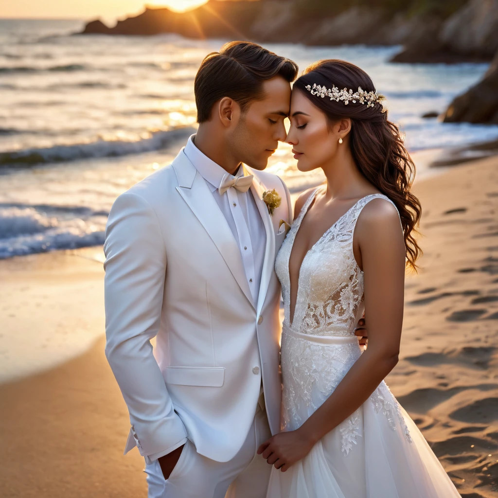 a beautiful couple standing forehead to forehead on a beach at sunset, the groom wearing a white tuxedo, the bride wearing a pristine white wedding dress, backlit, raytraced, rim lighting, hard shadow, (best quality,4k,8k,highres,masterpiece:1.2),ultra-detailed,(realistic,photorealistic,photo-realistic:1.37),HDR,UHD,studio lighting,ultra-fine painting,sharp focus,physically-based rendering,extreme detail description,professional,vivid colors,bokeh