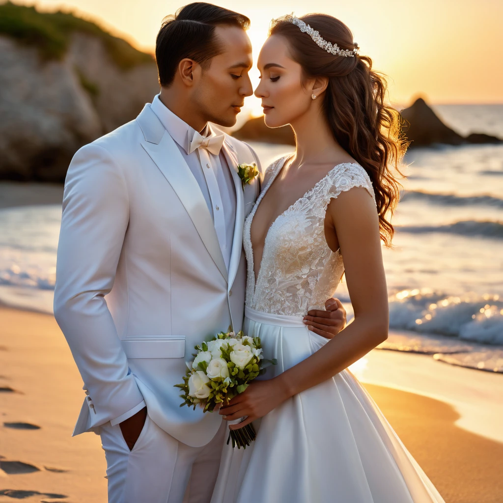 a beautiful couple standing forehead to forehead on a beach at sunset, the groom wearing a white tuxedo, the bride wearing a pristine white wedding dress, backlit, raytraced, rim lighting, hard shadow, (best quality,4k,8k,highres,masterpiece:1.2),ultra-detailed,(realistic,photorealistic,photo-realistic:1.37),HDR,UHD,studio lighting,ultra-fine painting,sharp focus,physically-based rendering,extreme detail description,professional,vivid colors,bokeh