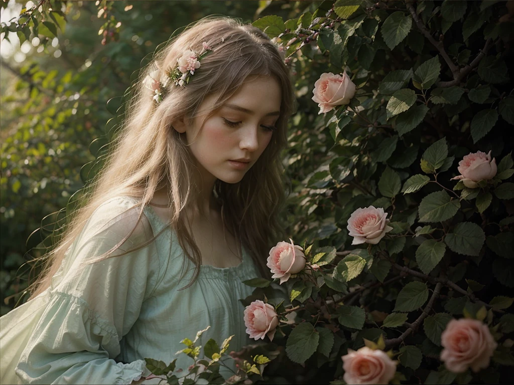 Close up of climbing wild roses bushes in the forest, oil painting, ethereal, dreamy, soft pastel colors, by John Bauer
