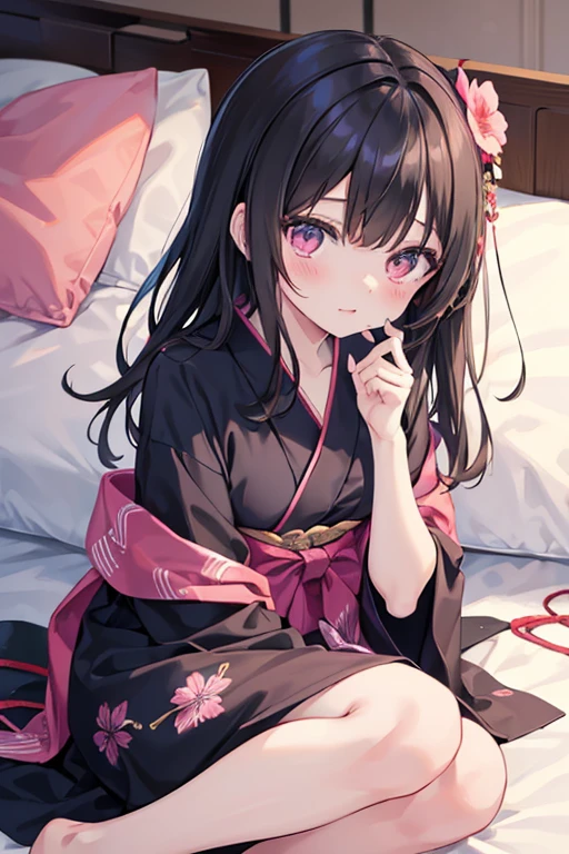 浴衣を着た大人のmalefemaleのカップル,美しい場所で愛し合う会うmalefemaleの二人,Black Hair_male,Black yukata_male,Straight Hair_male,Dark Chestnut Hair_female,Pale pink yukata_female,Floral Yukata_female,Flower Hair Ornaments_female,night,Lovers melt in bed,彼は彼femaleを抱きしめる