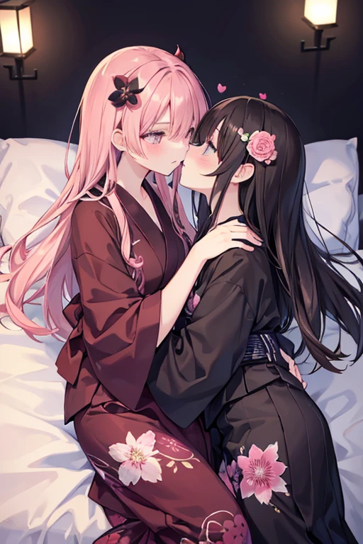 浴衣を着た大人のmalefemaleのカップル,Gazing at each other,Kissing together,美しい場所で愛し合う会うmalefemaleの二人,Black Hair_male,Black yukata_male,Straight Hair_male,Dark Chestnut Hair_female,Pale pink yukata_female,Floral Yukata_female,Flower Hair Ornaments_female,night,Lovers melt in bed