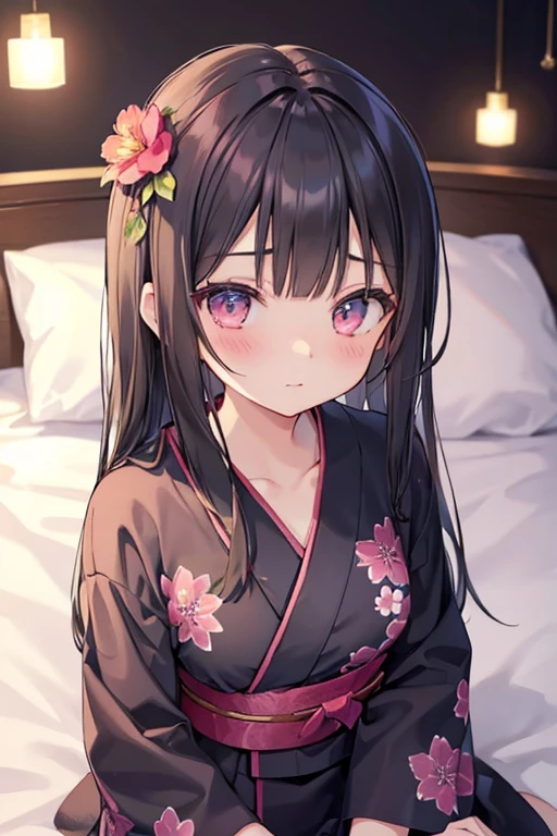 浴衣を着た大人のmalefemaleのカップル,美しい場所で愛し合う会うmalefemaleの二人,Black Hair_male,Black yukata_male,Straight Hair_male,Dark Chestnut Hair_female,Pale pink yukata_female,Floral Yukata_female,Flower Hair Ornaments_female,night,Lovers melt in bed,彼は彼femaleを抱きしめる
