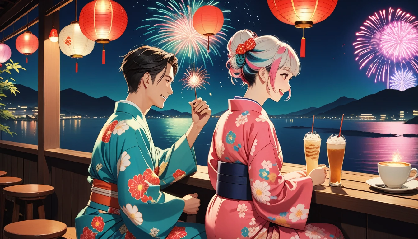 Cafe、Lovers of men and women、seems to be happy,smile、Fireworks display、 Multicolored Hair, 、Retro costumes, yukata, Glancing sideways, Hyper Pop, stylish、 Retro feel, overview, masterpiece, Highest quality,