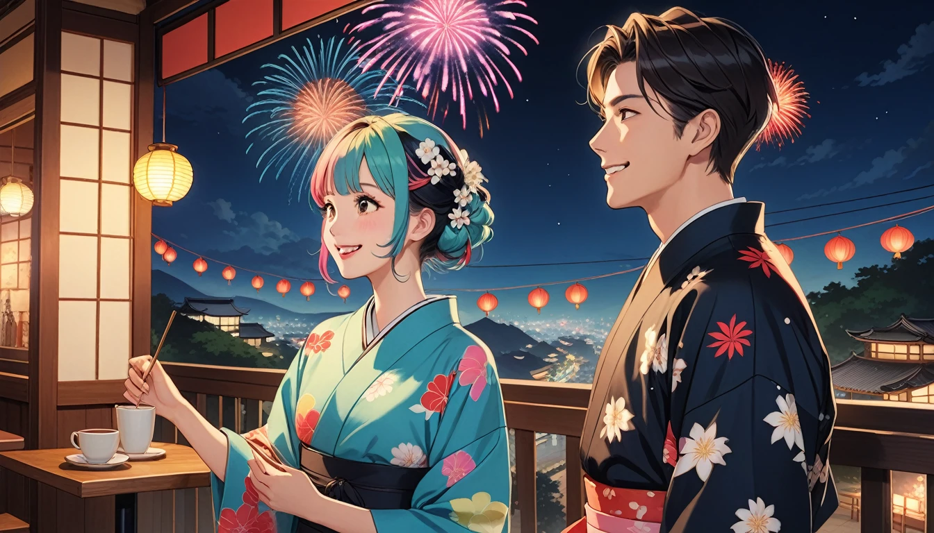 Cafe、Lovers of men and women、seems to be happy,smile、Fireworks display、 Multicolored Hair, 、Retro costumes, yukata, Glancing sideways, Hyper Pop, stylish、 Retro feel, overview, masterpiece, Highest quality,