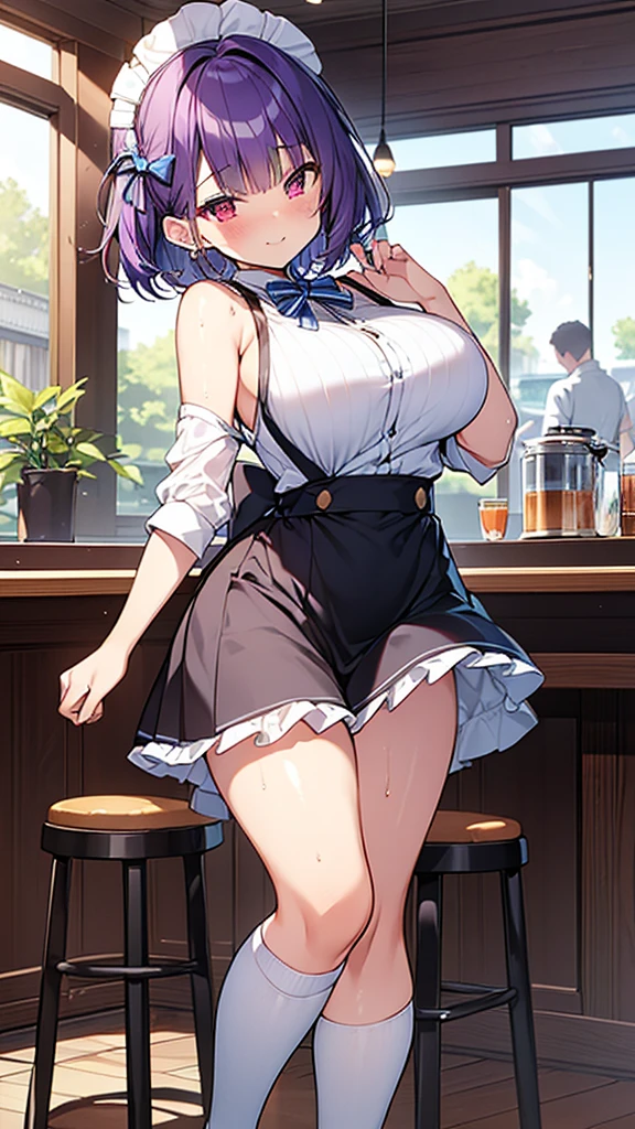 最high quality, high quality, Super detailed, 32k, Ultra-detailed details, waitress(only, Standing, pretty girl, beautiful purple hair, short hair, Beautiful RED eyes, mature, Big Breasts, A light smile, Off-the-shoulder sleeveless Summer メイド服, Summer casual maid clothes, Short skirt, Blue and white color striped underwear, Black knee socks, loafers, My crotch is wet with love juice, 18-year-old,cute), {{A succubus disguised as a waitress approached the target man&#39;s sister, peeled off the skin of the sister&#39;s face, and stuck it on her own face, becoming the waitress succubus&#39;s face., The hem of her skirt is lifted high, exposing her underwear}}, She has transformed from a shy maid into a lewd one., A maid with her sister&#39;s face stuck on her face is vigorously pistoning her body, A maid who moves her body vigorously without caring if her breasts bounce, Super detailed, indoor, Full body image, ((Head to Toe:1.3)), NSFW