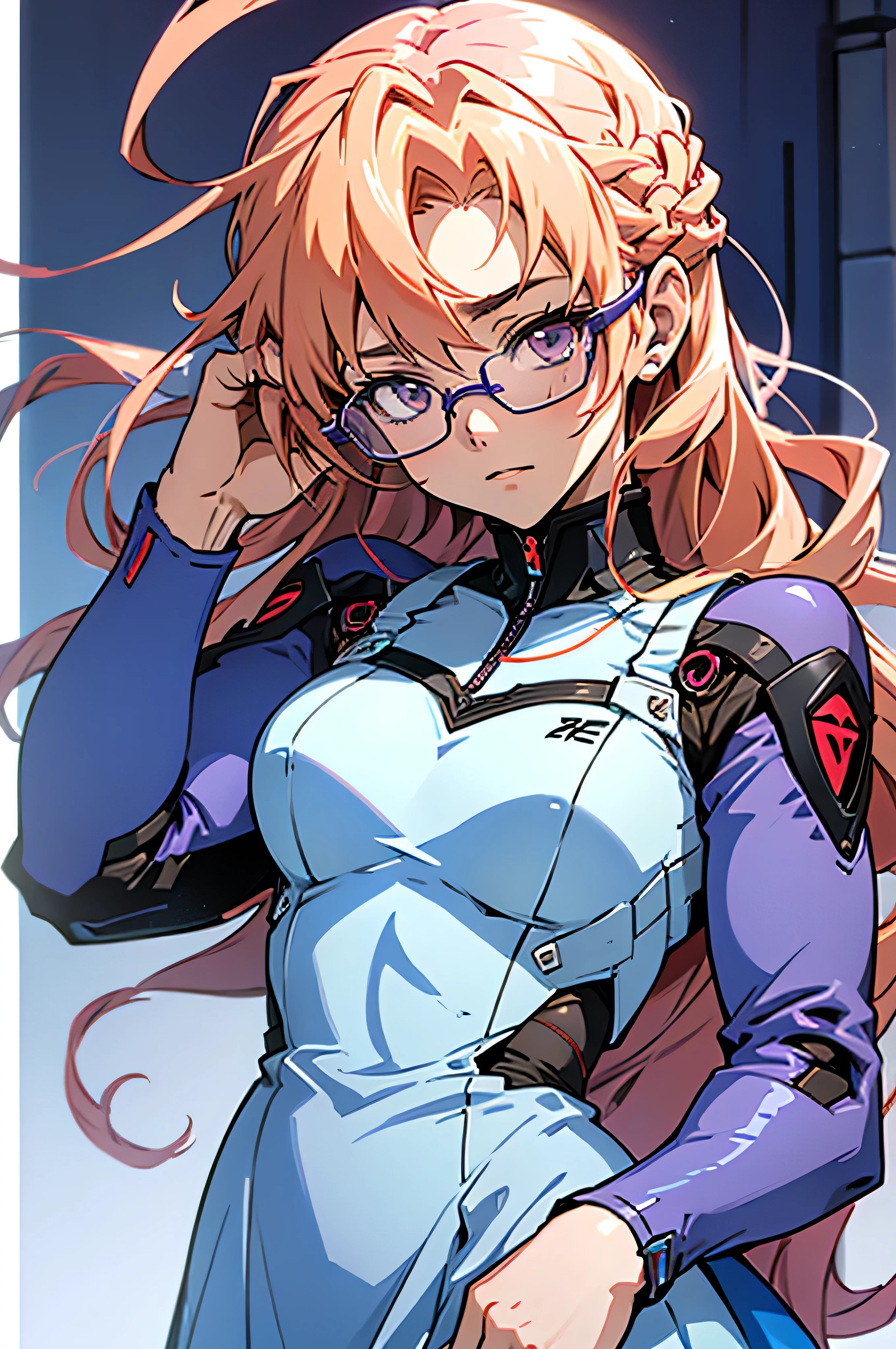 anime,An illustration,purple robot,Mobile Suit,Dom,Light blue check dress,Red glasses,Blonde,Light blue mesh hair,beautiful girl,Sora Sakurano,One person