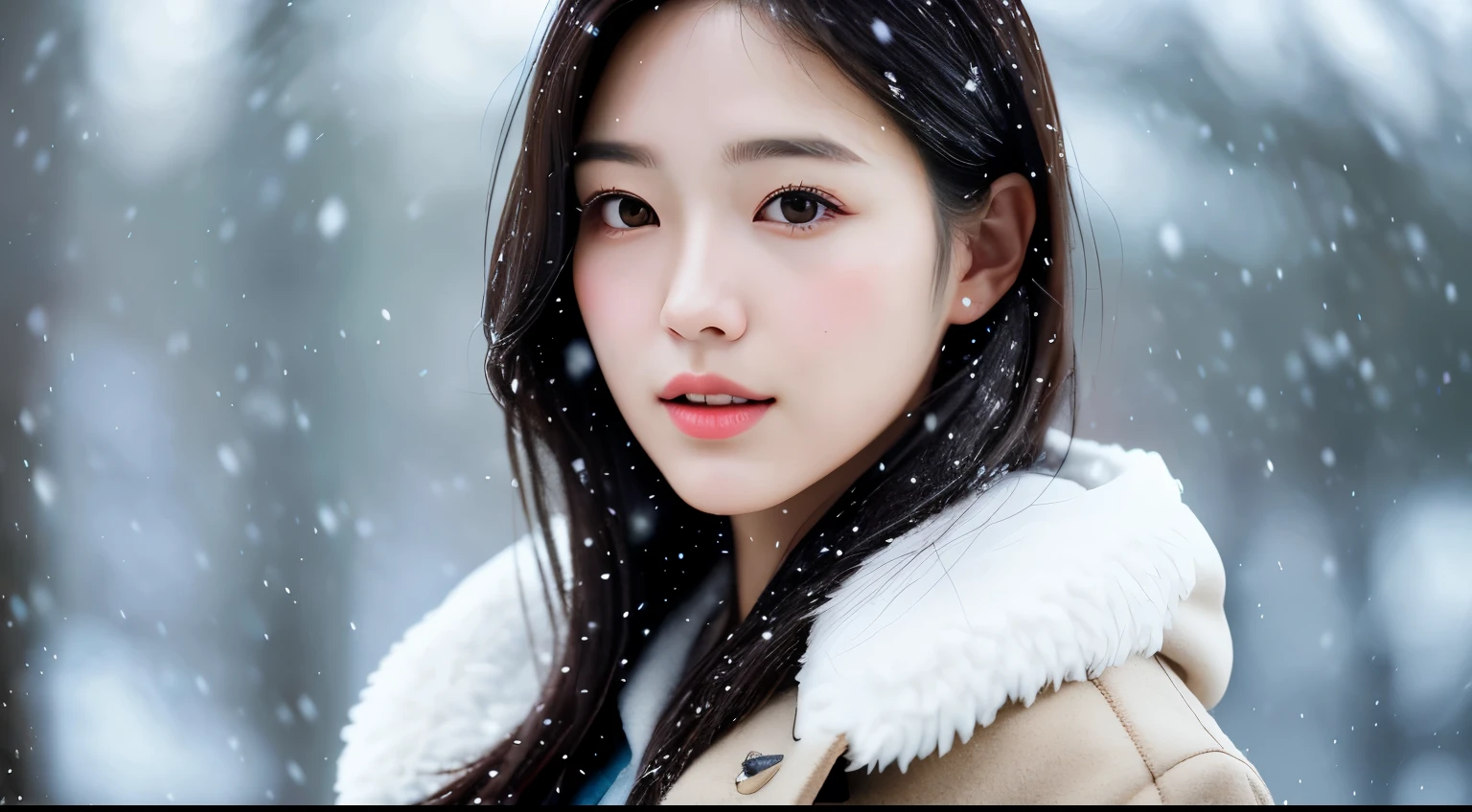 realistic photos oF (1 Cute Korean Star) shoulder length hair, light makeup, medium breast size, Wearing a coat, in the snow, clear Facial Features, 8K high resolution, Sharp, realistic detail.From outside, Eye-Level Shot, F/4.0, 135mm, FujiFilm, jpeg artiFacts, Dithering, uhd, masterpiece