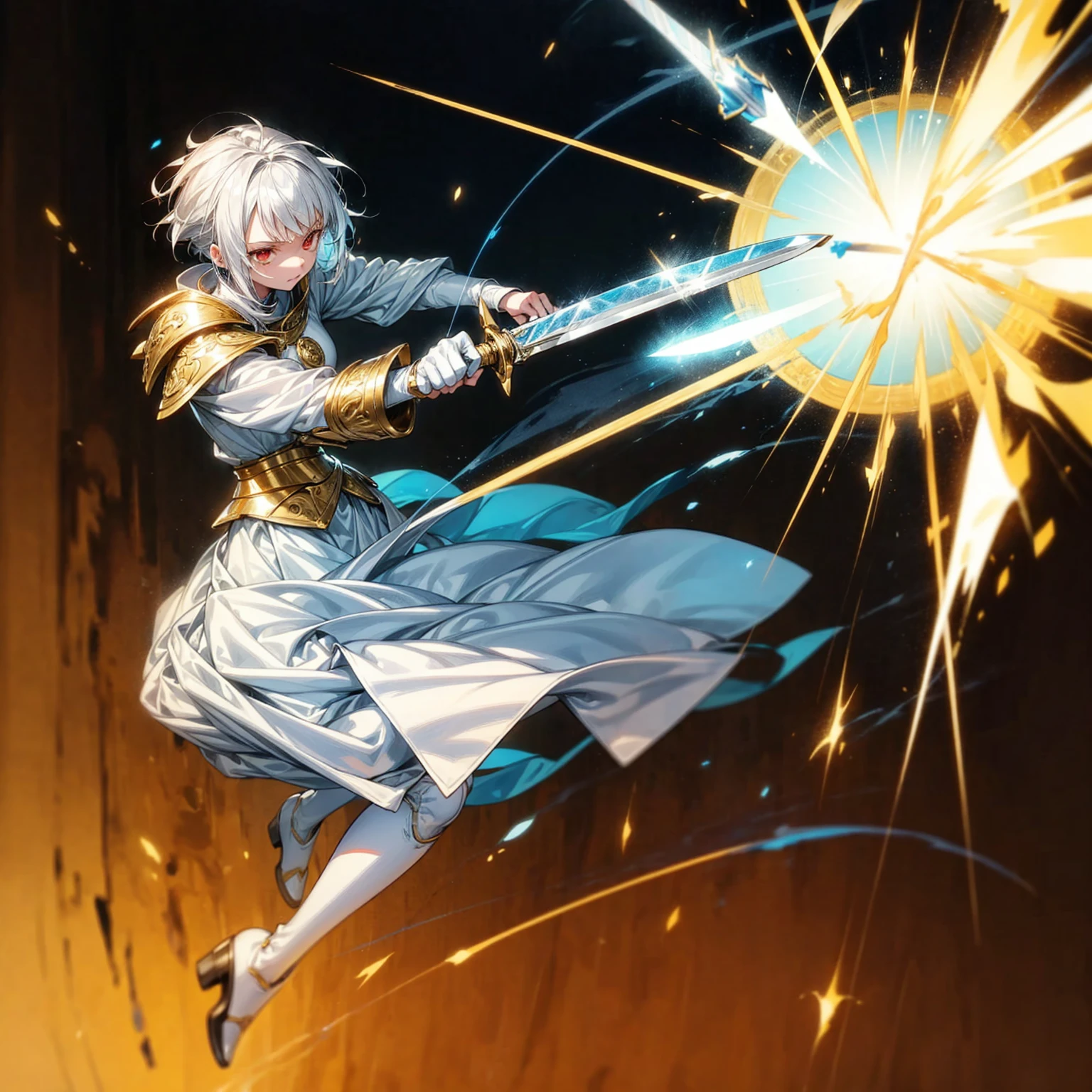 1girl, Full body version, 1character, light red eyes color, white skin, short hairstyle, white colour hair, templar knight style clothing, Long skirt, long socks, long boots, robes, (gold knife in hand), gold Shield in hand, full background, Grassroots background in village, motion blur, shadow, battle gesture, smoke effect, blue lighting effect, lighting blue knife, girl aura, plasma effect, Lightning, lightning flashes on the knife, blue lightning, full gold armor, armor, big hologram, (one piece style art)
