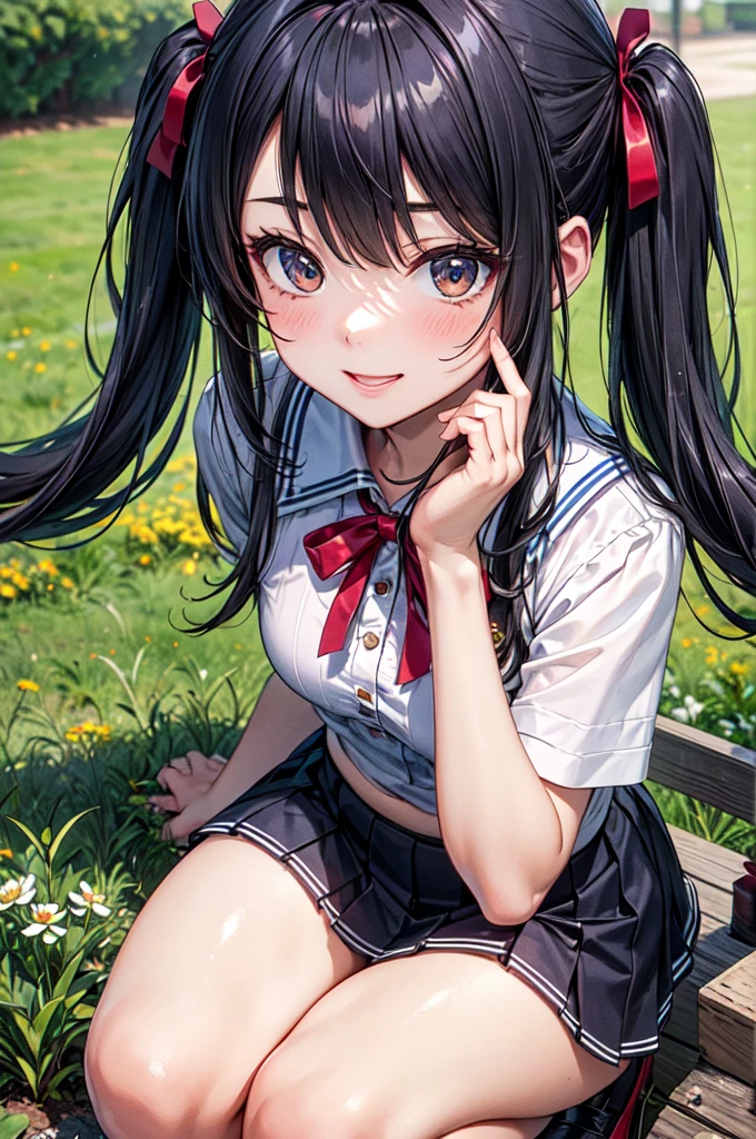 very cute and beautiful girl,(Very detailed美しい顔),
(smile),blush,Black Hair,Low twin tails,Seraphim,(Navy blue pleated mini skirt),
From below,squat,(White panties),
garden,grassland,Planting,
(Highest quality,masterpiece:1.0),Absurd,High resolution,Super detailed,Very detailed,32k,8K resolution,
Intricate details,Movie Scenes,Detailed Background,alone,Dynamic Angle,