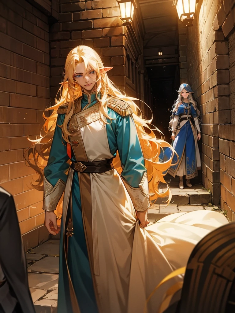 Male elf, noble, he has long wavy golden hair, blue eyes, and fair skin. Being harassed by soldiers in a dark alley. The soldier is tall and strong, with black hair, red eyes, and handsome.