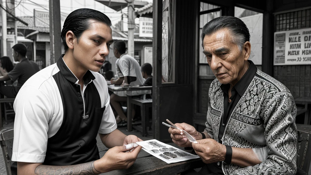 a young man with slicked-back black hair buying cigarettes from an older gentleman at a warung, detailed illustration, intricate linework, black and white with a touch of color