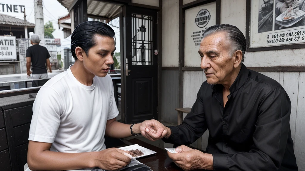 a young man with slicked-back black hair buying cigarettes from an older gentleman at a warung, detailed illustration, intricate linework, black and white with a touch of color