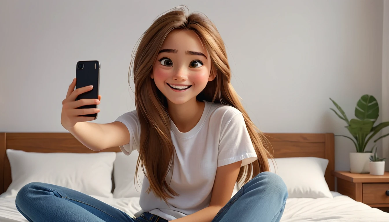 ((masterpiece, best quality)), award winning, 4k, 8k, simple background, photography, visible face, (one girl), 20 years old, age girl with a cheerful and playful demeanor. She has long, straight hair, a simple white plain t-shirt and denim. sitting in bed, taking selfie. Pixar Character.