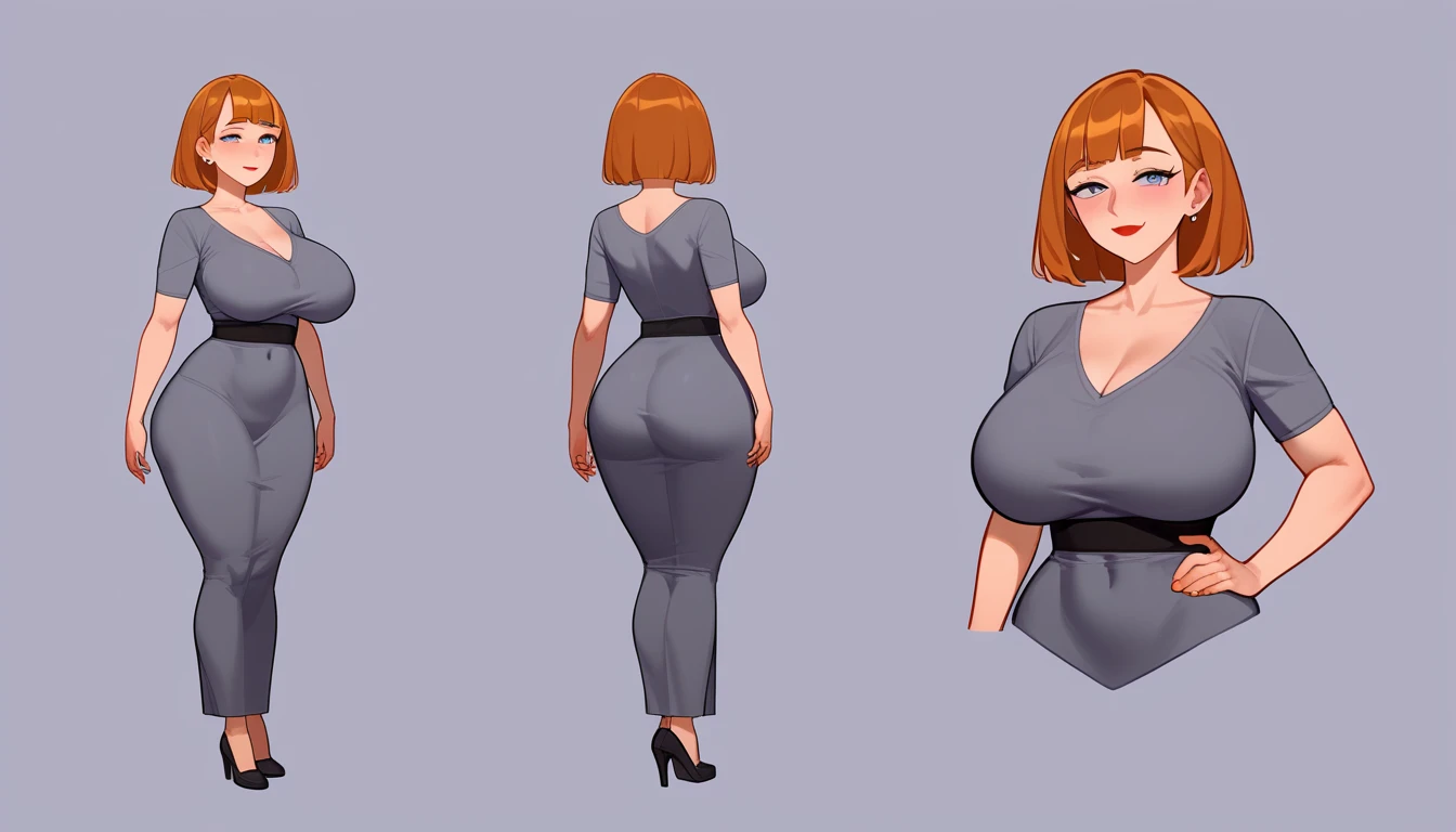 NSFW maddie fenton, a sexy milf, mature body, pixiv artwork, masterpiece, full body shot, wearing a skintight long grey dress accentuating her curves, seducing you, orange hair in a bob, seductive, no panties, curvy toned physique with big breasts and ass and tiny waist, body made for sex, no bra, ready to fuck