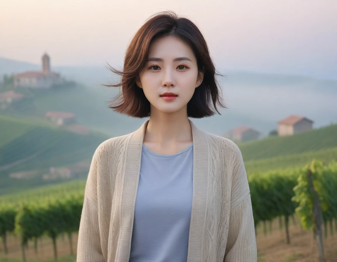 k Best picture quality, Beautiful 36-year-old Korean woman, short and nice weather. Chest size 34 inches, Dense fog at dawn in the Italian countryside, past the vineyard, The cathedral can be seen in the fog on a hill in the distance., The back background is realistic and vivid image quality, Short and medium hair blowing in the wind, Wear comfortable travel clothes, Casual pants and cardigan., a faint smile. the background is clear, Short and slim Korean woman, stand far away, Photo taken with a wide-angle lens