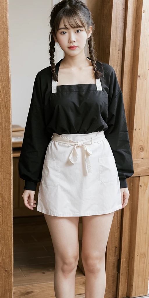 1girl,legs,a girl at building,(((building))),  braided bangs,braided ponytail,(solo:1.2),apron,thick thighs,side-tie panties, balck hair, 16yo,looking at viewer, sunlight,hanfu, 