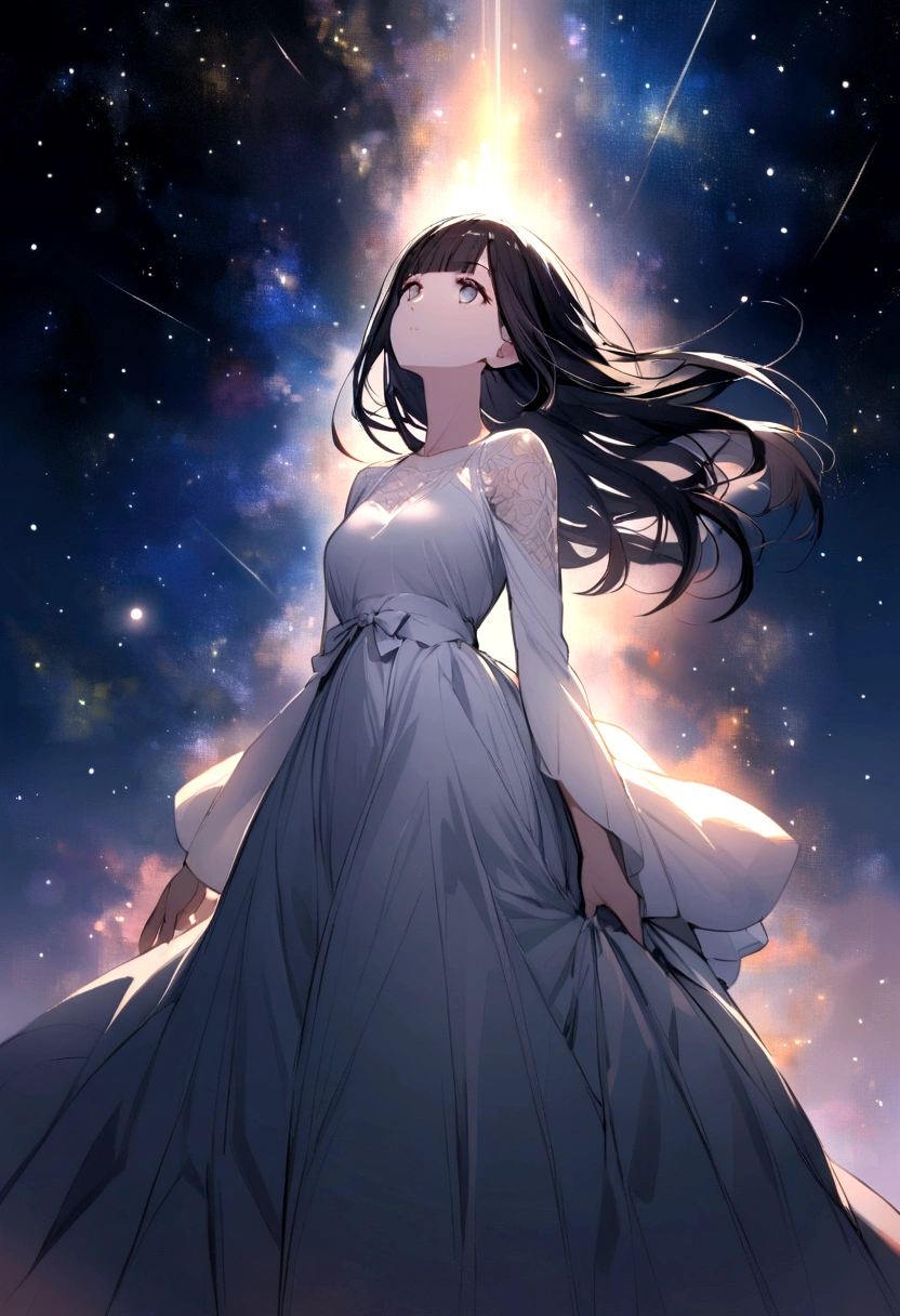 A stunning 8K RAW masterpiece, Glitter Splash captures the beauty of space, Girl in white dress, Breathtaking views of the Aurora Borealis dancing in the Milky Way. .((Uyuni salt lake))