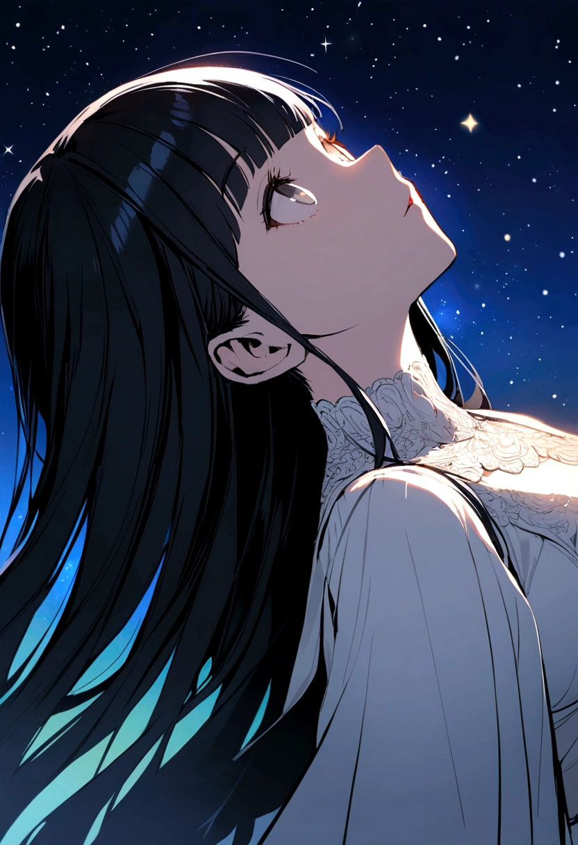 girl with long black hair with even and straight bangs, gray eyes, wearing a white dress, looking up at the starry sky