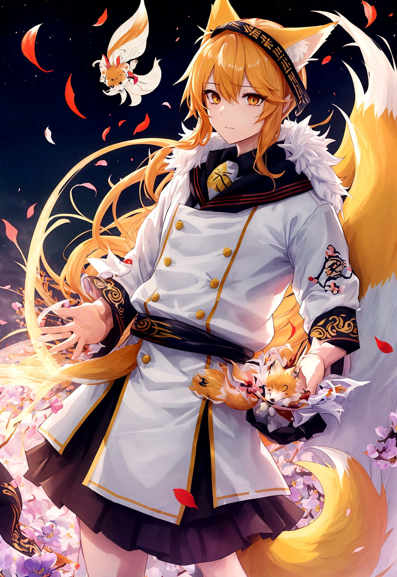 wave, koi fish, anime artstyle, wide view, fluffy. yellow  fox, marking under the eyes, crystal antler ,violet eyes, wearing bandanna, flower petals, Ambient light，Ultra-fine fur，volumettic light，natural  lightting，fox tail，nevando，35mm。High quality, high detal, Best quality, hyper HD，individual，SingleFront view of boy's uniform with bulging chest