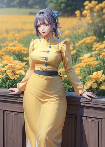 photorealistic, high resolution, masterpiec e best quality ultra-detailed, 1women. (m edium breast), hair bun, jesmine flower o n the head, mature female, solo, hips up, (wearing acmmsayarma outfit, acmmsaya rma blue top with buttons, long sleeves), ((acmmsayarma yellow long skirt) yellow dress 