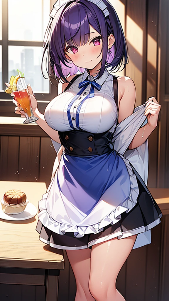 最high quality, high quality, Super detailed, 32k, Ultra-detailed details, waitress(only, Standing, pretty girl, beautiful purple hair, short hair, Beautiful RED eyes, mature, Big Breasts, A light smile, Off-the-shoulder sleeveless Summer メイド服, Summer casual maid clothes, Short skirt, Blue and white color striped underwear, Black knee socks, loafers, My crotch is wet with love juice, 18-year-old,cute), {{A succubus disguised as a waitress approached the target man&#39;s sister, peeled off the skin of the sister&#39;s face, and stuck it on her own face, becoming the waitress succubus&#39;s face., The hem of her skirt is lifted high, exposing her underwear}}, She has transformed from a shy maid into a lewd one., A maid with her sister&#39;s face stuck on her face is vigorously pistoning her body, A maid who moves her body vigorously without caring if her breasts bounce, Super detailed, indoor, Full body image, ((Head to Toe:1.3)), NSFW