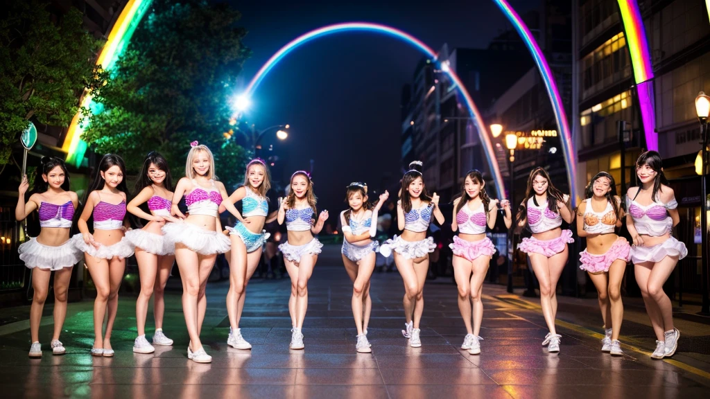 ((ExtremelyDetailed (PUNIPUNI KAWAII 12 Girls in a row:1.37) Shibuya Hachiko-mae scramble crossing)), (masterpiece 8K TopQuality:1.2) (ProfessionalPhoto:1.37), {(Standing Full Body:1.2)|Dancing}, Different types of hair colors, {(White(skinny school swimwear))|SchoolUniform|Tutu}, {Corrected Like hand|Hiddenhand}, (Joyful Expressions LifeLike Rendering), PerfectLighting (RainbowColor particles:1.2)(Dazzling Blurred ColorfulLights) MotionBlur  BREAK  (Acutance:0.8) Impeccable Radiant PearlSkin with Transparency .