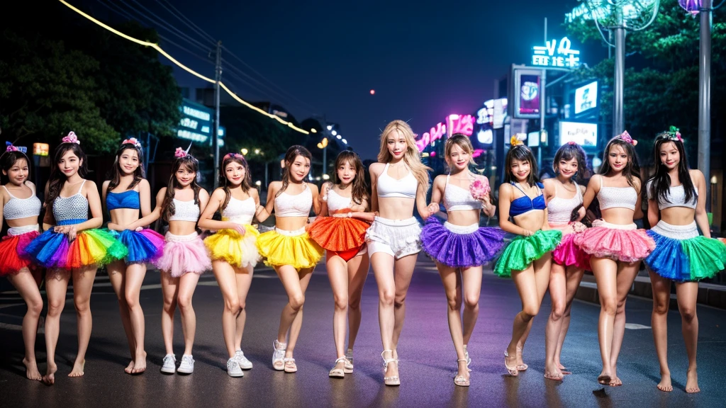 ((ExtremelyDetailed (PUNIPUNI KAWAII 12 Girls in a row:1.37) Shibuya Hachiko-mae scramble crossing)), (masterpiece 8K TopQuality:1.2) (ProfessionalPhoto:1.37), {(Standing Full Body:1.2)|Dancing}, Different types of hair colors, {(White(skinny school swimwear))|SchoolUniform|Tutu}, {Corrected Like hand|Hiddenhand}, (Joyful Expressions LifeLike Rendering), PerfectLighting (RainbowColor particles:1.2)(Dazzling Blurred ColorfulLights) MotionBlur  BREAK  (Acutance:0.8) Impeccable Radiant PearlSkin with Transparency .