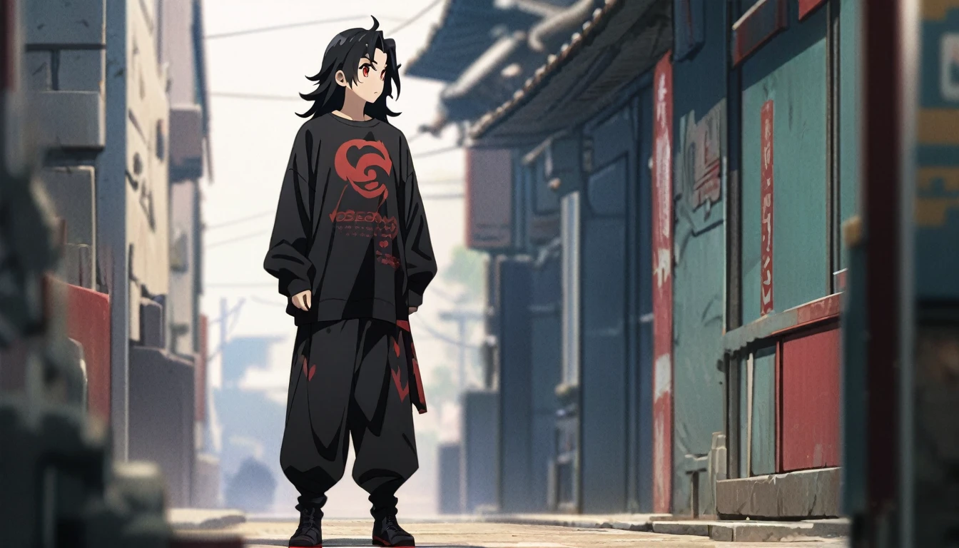 masterpiece, best quality, , 1boy, solo, looking to the side, side picture, depth of field, anime coloring, gajeel_redfox, black hair, red eyes, long hair, 12k resolution, full body, black clothes, full body picture