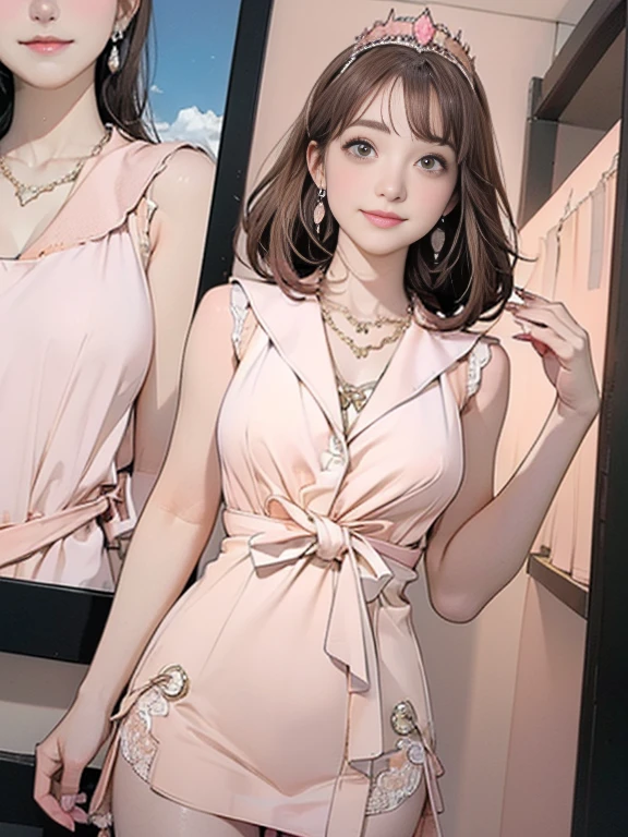 ((((Highest quality))))、(((Ultra-precision CG16K wallpaper)))、(((masterpiece)))、(((Very detailed)))、(((Attention to detail)))、((129 year old mature woman:1.6))、((人のとてもbeautiful日本の顔))、((Urizane Face:1.8))、((Medium Straight Hair:1.8))、(Shiny Hair)、繊細に描かれたbeautiful顔、(Dark Eyes、Reflected light from the eyes)、double eyelid、High nose、Small nostrils、Small Mouth、Seductive lips、beautiful breasts、((C cup size breasts))、Cleavage、Delicate nails、beautiful feet、Thin thighs、eight-headed body、Perfect proportions、Perfect Anatomy、Perfect composition、beautiful detailed shading、beautiful, Natural light、beautiful detail glow、Written boundary depth、(((High chroma)))、(((Genuine:1.9)))、((Vivid:1.5))、((beautiful Skin))、((Skin Texture))、((Genuineな皮膚感))、(((Cowboy Shot:1.6)))、(((Front view、Shoot from the front、Front Low Angle:1.6)))、(((smile:1.5)))、(((View your viewers:1.6)))、Bright sunlight、Natural light、(((background_Glass Square、Mountain、Sky and Clouds:1.5)))、(Standing pose:1.6)、(((Salmon pink sleeveless gauze mini dress:1.6)))、((tiara、necklace、Wear earrings:1.5))、((Lace Stockings Clothed:1.2))、