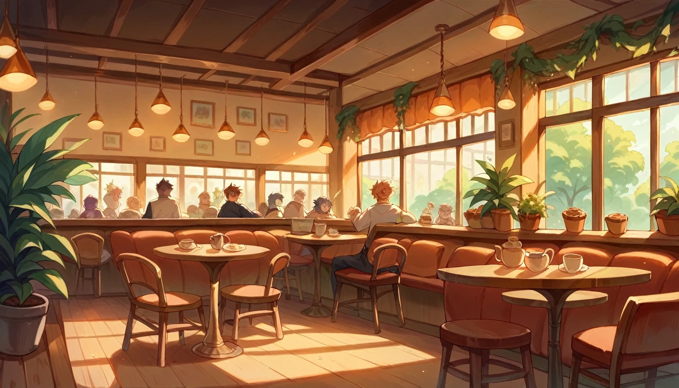 There is a picture of a restaurant with many tables and chairs, cozy Cafe background, Studio Greeble Makoto Shinkai, pleasant Cozy atmosphere, Cafe interior, Makoto Shinkai's Style, Anime Background Art, ( ( makoto shinkai ) ), makoto shinkai. —h 2160, Cozy atmosphere, Cafe, Sunny atmosphere