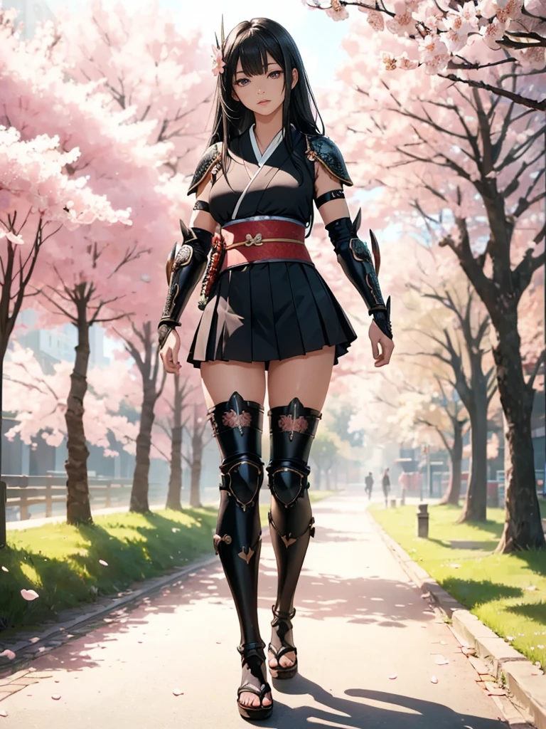 ((1girl, solo)), beautiful body, (perfect anatomy, perfect body, perfect hands, perfect legs), (five fingers:1.5), natural proportions, sexy body, large breasts, cowboy shot BREAK
((extremely detailed face)), (beautiful detailed eyes:1.6), (realistic pupils, realistic iris:1), expressive eyes, looking at viewer, (clear eyes:1.3), (hyperrealistic:1.2), (detailed skin texture:1.2), smooth skin, (black hair:1.5), (red eyes:1.3), long hair, (straight hair:1.5), blunt bangs, (detailed lips:1.2), (attractive lips:1.1), (glossy lips:1.1), (parted lips), perfect face, perfect eyes BREAK
Samurai, japanese clothes, (short kimono:1.5), (arm guard:1.5), ((micro mini skirt)), pleated skirt, black skirt, zettai ryouiki, thighs, black thighhighs, (greaves:1.3), skindentation, tassel, shimenawa BREAK
Outdoors, day, (spring:1.3), (((cherry blossoms))), nature, ((trees)), medieval fantasy BREAK
(masterpiece:1.5), anime-style, top quality, best quality, (beautiful and aesthetic:1.2), (ultra detail:1.5), Ultra-detailed depiction, Ultra-precise depiction, extremely detailed 8k illustration, high resolution, (highly detailed shading:1.2), (realistic lighting:1.4), perfect lighting, vibrant colors, dynamic tones, striking hues, 8k, absurd resolution, perfect shadows, hdr, UHD, ambient lighting, realistic, ultra-realistic, photo realistic, highly detailed, rich detail, luminous colors, fine texture, intricate design, professional illustration, (soft light:1.2), (illustration:0.7)
