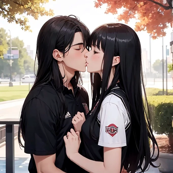 Generate a romantic and tender scene depicting two characters sharing a passionate kiss. Set the atmosphere with evocative details such as the location, time of day, and any relevant emotions or thoughts running through the characters's minds."a handsome, tall, boy with black and messy short hair wearing sports uniform sharing kiss with a beautiful, shorter than male, girl with black and semi long hair wearing sharing kiss to eachother wearing , sharing kisses