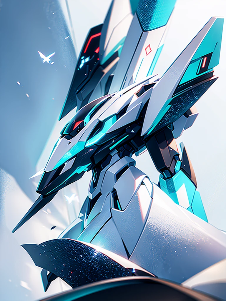 A robot (mecha) WHICH HAS 3 TRANSFORMATIONS, A HUMANOID TYPE, THE SECOND IN THE FORM OF A CAR AND THE THIRD IN THE FORM OF A JET, THAT ITS COLORS ARE MAINLY TURQUOISE AND WHITE.