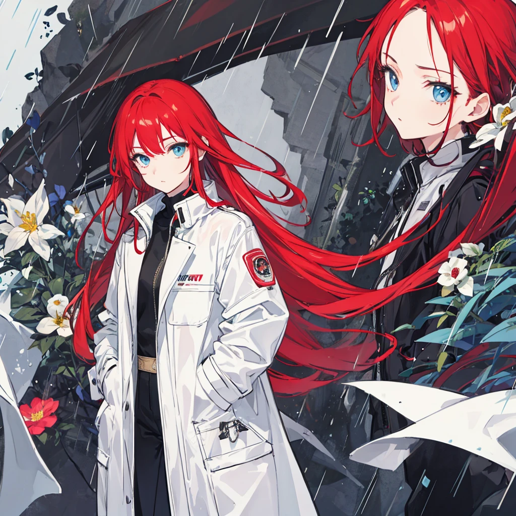 masterpiece, best quality, 1 girl, rain, white coat, detailed face, detailed eyes, beautiful eyes, looking at viewer, hands in pockets, red hair, flower
