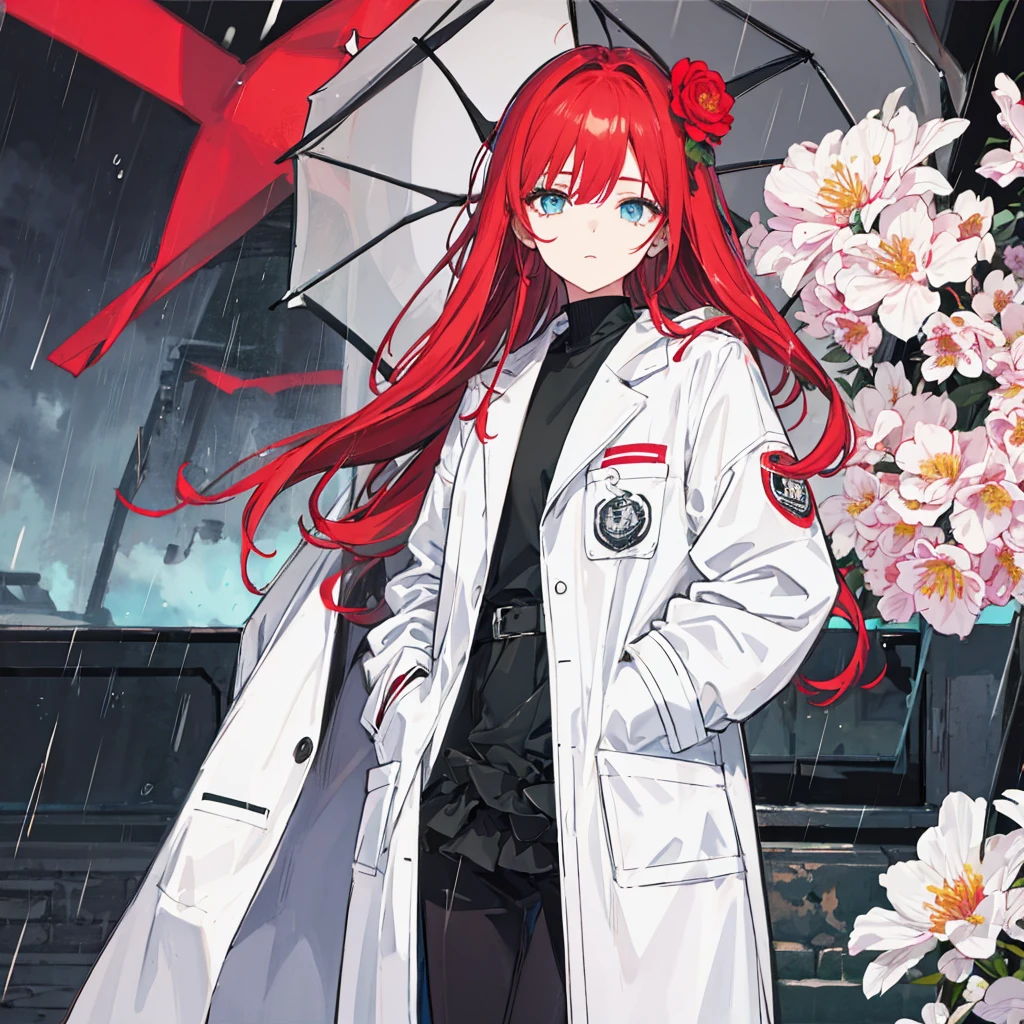 masterpiece, best quality, 1 girl, rain, white coat, detailed face, detailed eyes, beautiful eyes, looking at viewer, hands in pockets, red hair, flower