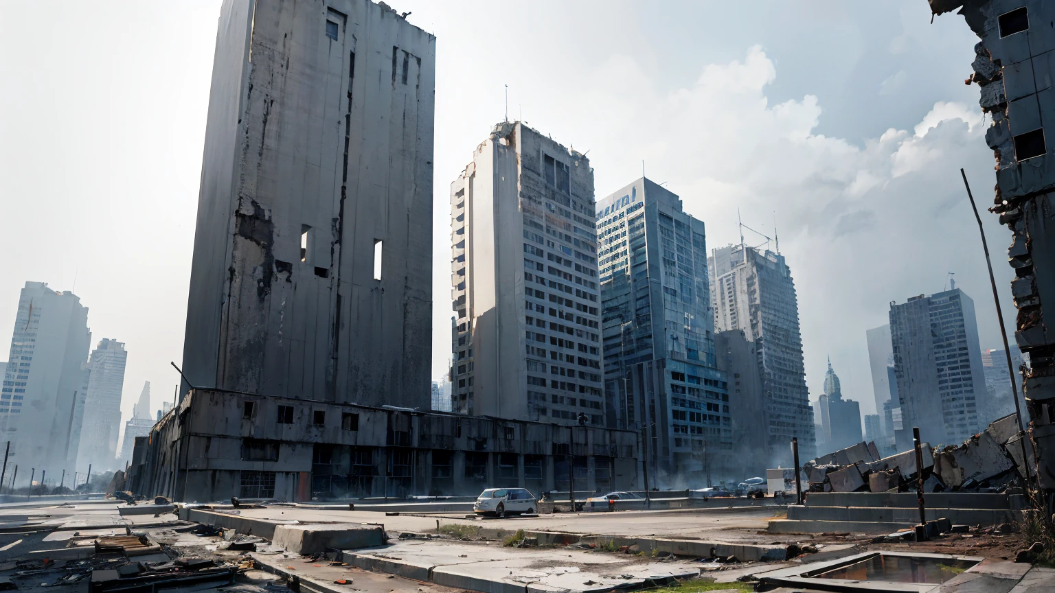 ash,Modern urban ruins , Gray tone,High-rise,Non-realistic