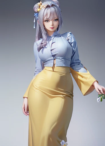 photorealistic, high resolution, masterpiec e best quality ultra-detailed, 1women. (m edium breast), hair bun, jesmine flower o n the head, mature female, solo, hips up, (wearing acmmsayarma outfit, acmmsaya rma blue top with buttons, long sleeves), ((acmmsayarma yellow long skirt)  dress 